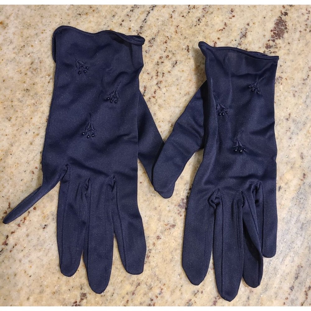 Vintage Size M L 7 Dark Blue Stretch Nylon 8.5" Formal Gloves Beaded Embroidered